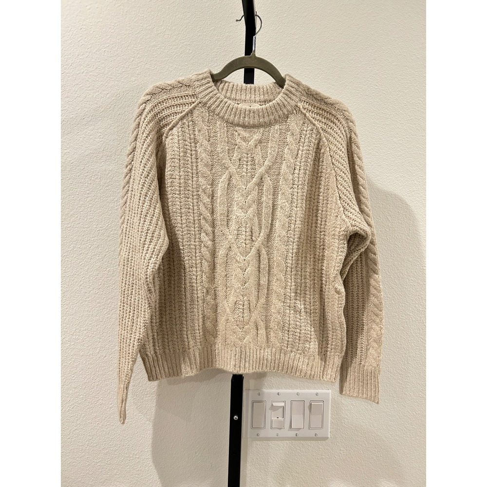 New Natural Life Womens Cable Knit Sweater Oatmeal Beige Crew Neck Raglan Size S